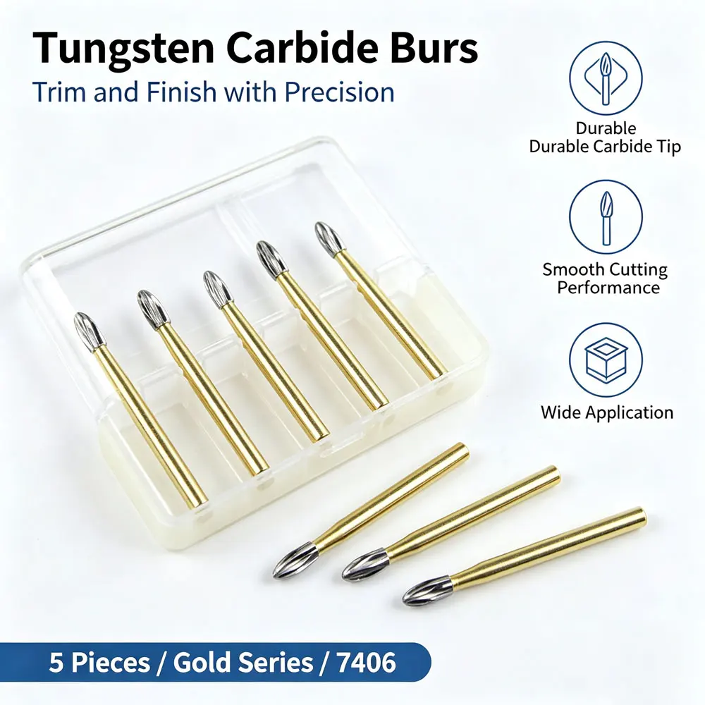 LODDEN 5pcs Dental 7406 Egg Shape Tungsten Carbide Burs Trimming Finishing Drills Sharp Edge Dentistry Polishing Tools