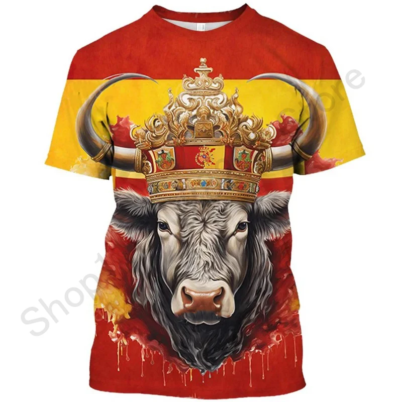 Spanish Bullfighting Graphic T Shirts for Men Spain Bull T-shirt 3D Cattle Fight Printed Tee Shirts Womens Clothing Short Sleeve