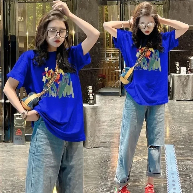 

plus Size 300 Pou Fat MM Summer Print round Ne ort Sve T-irt Korean Loose Casual Versatile Top Ins Sle Women's ...