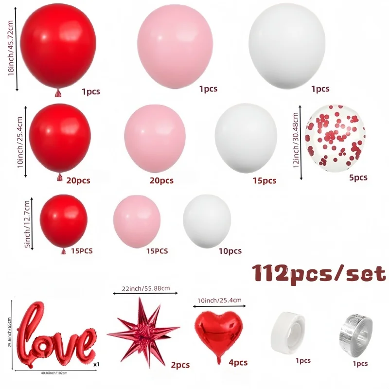 112Pcs Red Pink White Valentine's Day Balloon Arch Set Red Exploding Star Heart Balloons 40inch Red Love Foil Balloons, Suitable for Valentine's Day, Weddings, Engagements, Birthday Party Decorations