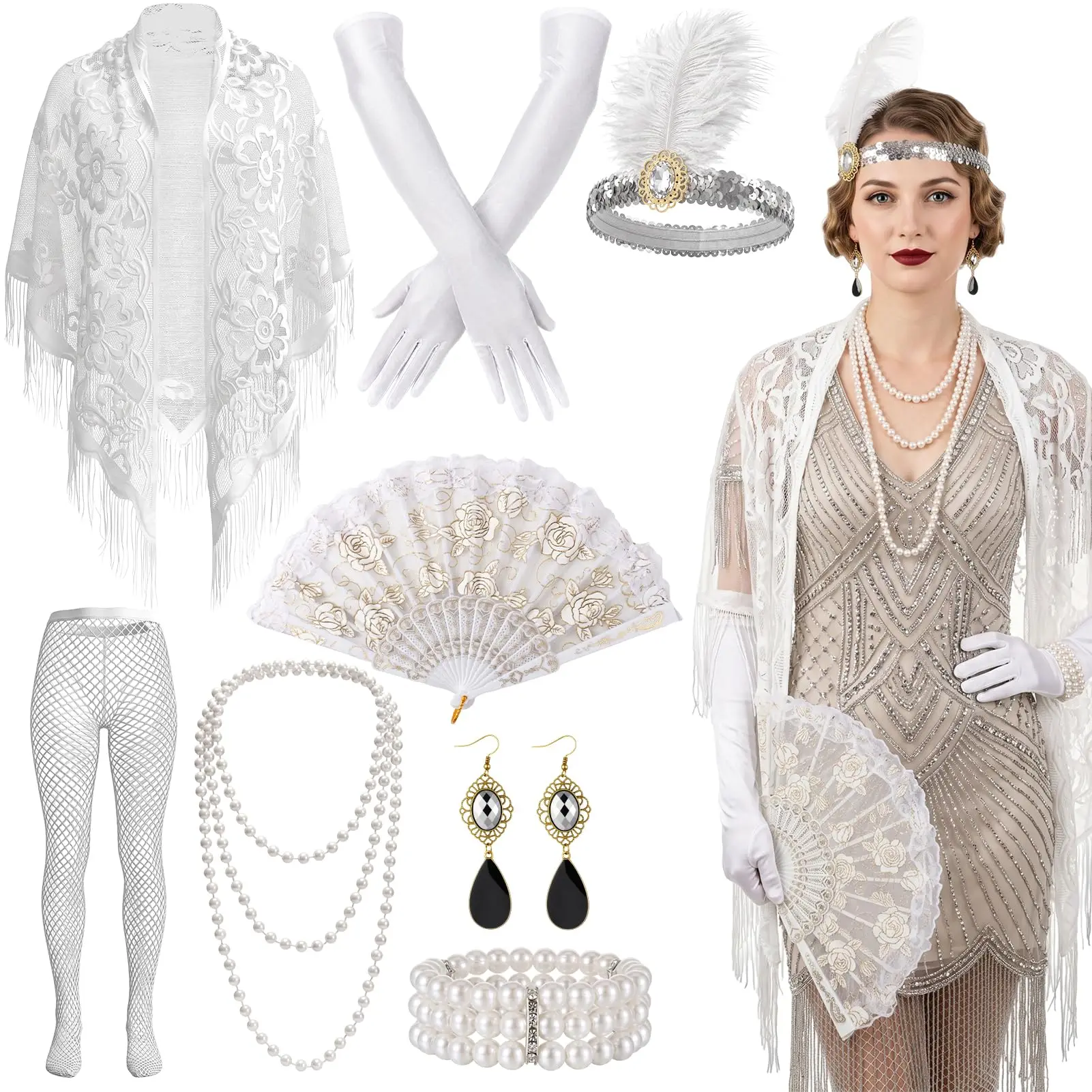 8PCS Flapper Accessories Set for Women, Roaring 20's Costume Set 1920s Flapper Kit Shawl Headband Gloves, Lace Stretch Fabric, Retro 20s Theme Accessories for Halloween Party Cosplay