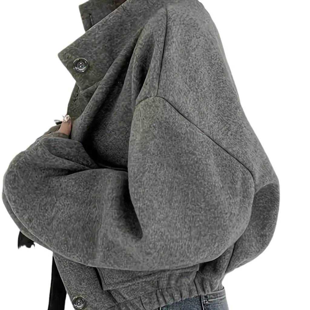

G41026 Vintage Grey Jacket Coat for Women Autumn Winter Vertical Collar Single-Breasted Loose Fit Casual All-Match Long-Sleeved