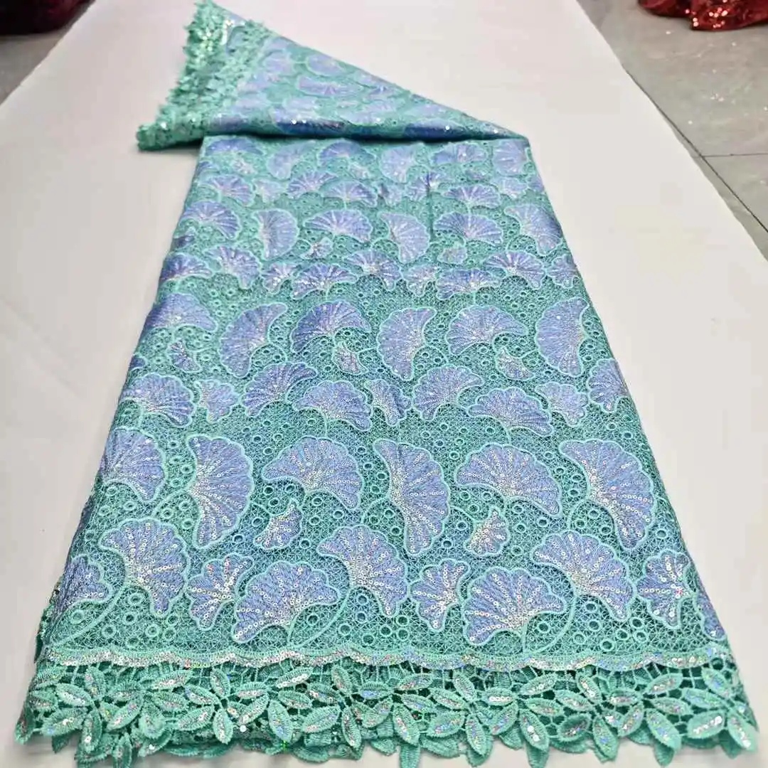Tela de encaje flocado de cordón de guipur africano 2025, tela de encaje de lentejuelas Soluble en agua nigeriana de alta calidad para costura de vestido de fiesta para mujer