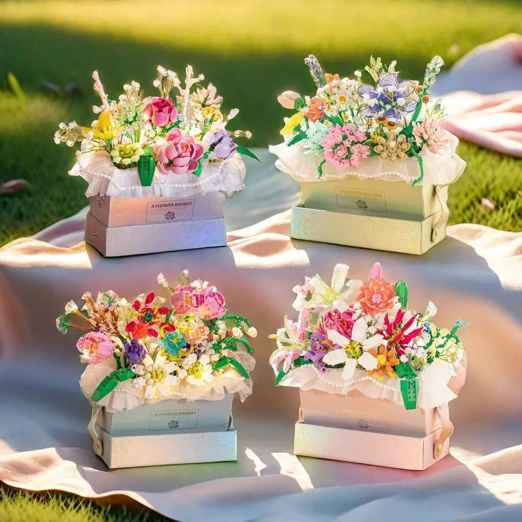 Flower Basket Bouquet Building Blocks Assembly Gift Box Creative Puzzle Bricks Light Portable Valentine Day Girlfriend Kid Toy