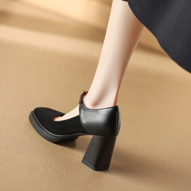 NEW Spring/Autumn Women Pumps Sheep Suede Leather Shoes for Women Square Toe Chunky Heel Women Shoes High Heel Mary Janes Shoes