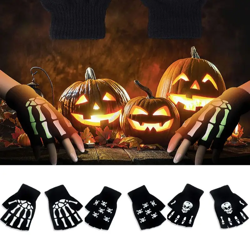 

New Adult Cosplay Halloween Skeleton Skull Half Finger Punk Gloves Luminous Claw Print Antumn Winter Warm Knitted Gloves