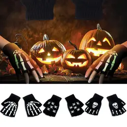 New Adult Cosplay Halloween Skeleton Skull Half Finger Punk Gloves Luminous Claw Print Antumn Winter Warm Knitted Gloves