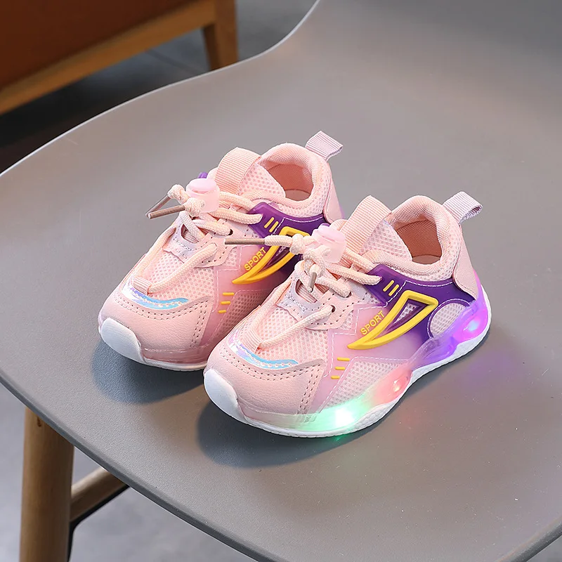 Spring Autumn 2023 New Kids Shoes LED Illuminated Girls Sneakers Boys Mesh Breathable Baby Soft Soled Sneakers