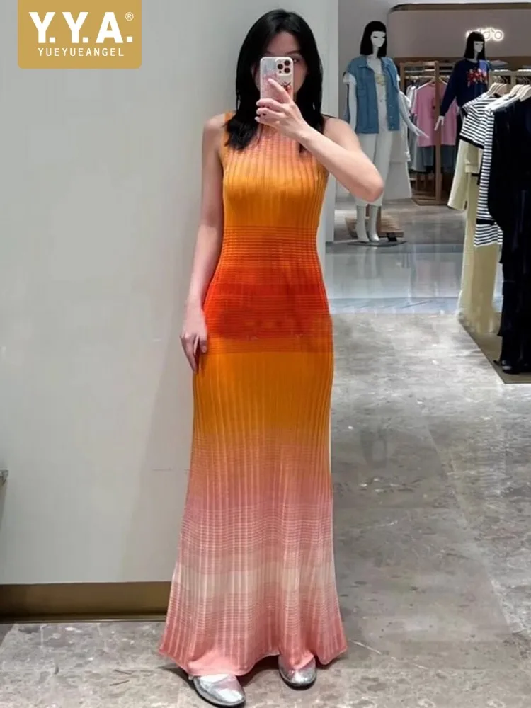 

Summer Women Thin Style Gradient Color Striped Sleeveless Tank Dress Slim Fit Floor Length Long Dresses O Neck Holiday Sundress
