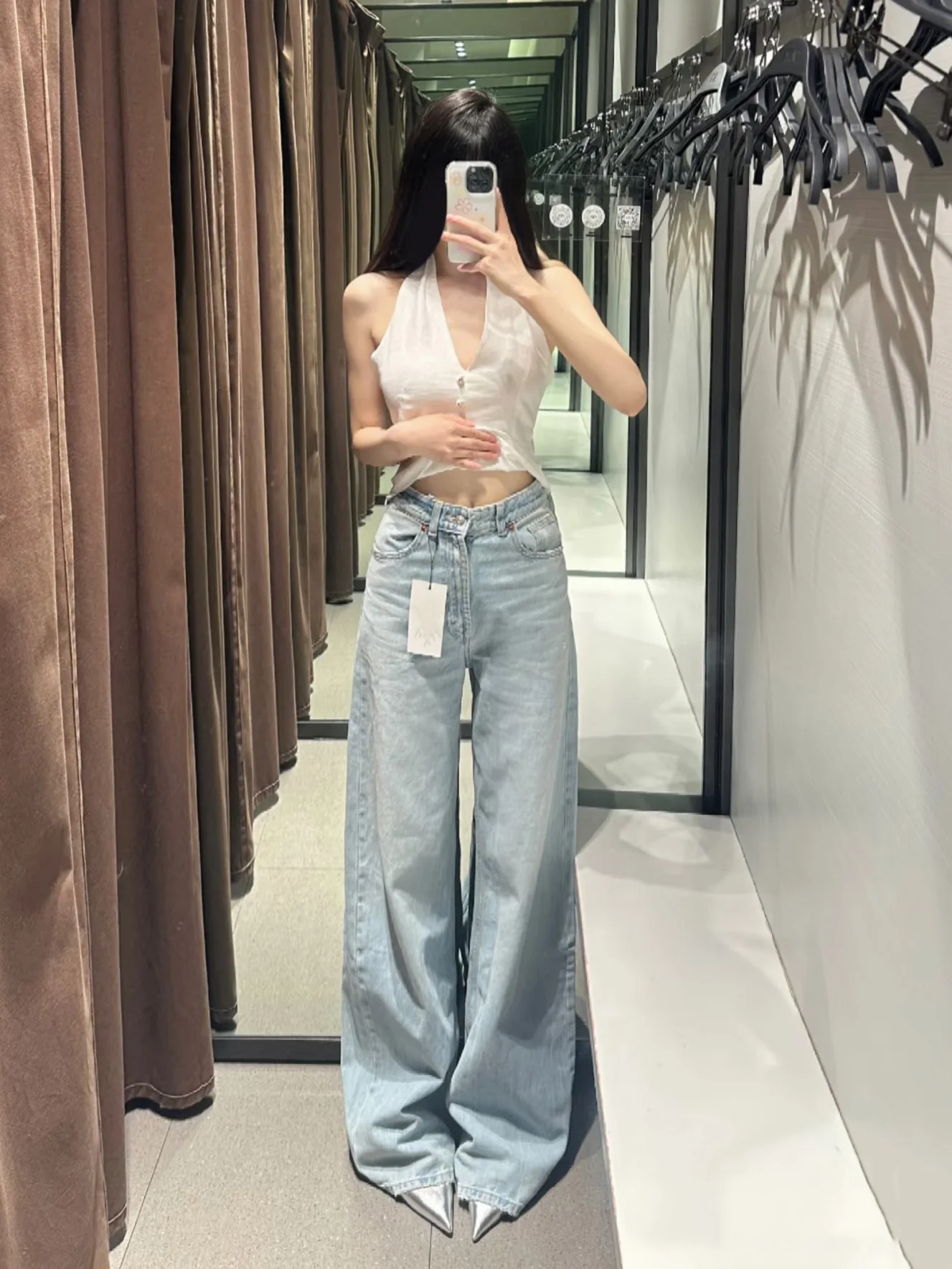 กางเกงยีนส์ทรงตรงหลวมสไตล์อเมริกันย้อนยุค SUMU สำหรับผู้หญิง ทรงคลีนฟิต สตรีท สไตล์ เอวสูง ผ้าฝ้ายเดนิม