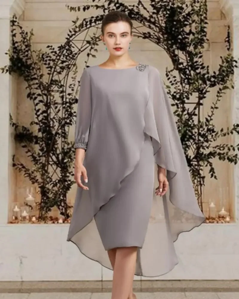 

2026 New Silver Beading Mother of the Bride Dress Elegant Jewel Knee Length 3/4 Sleeves Chiffon Groom Party Gowns Robe De Soiree