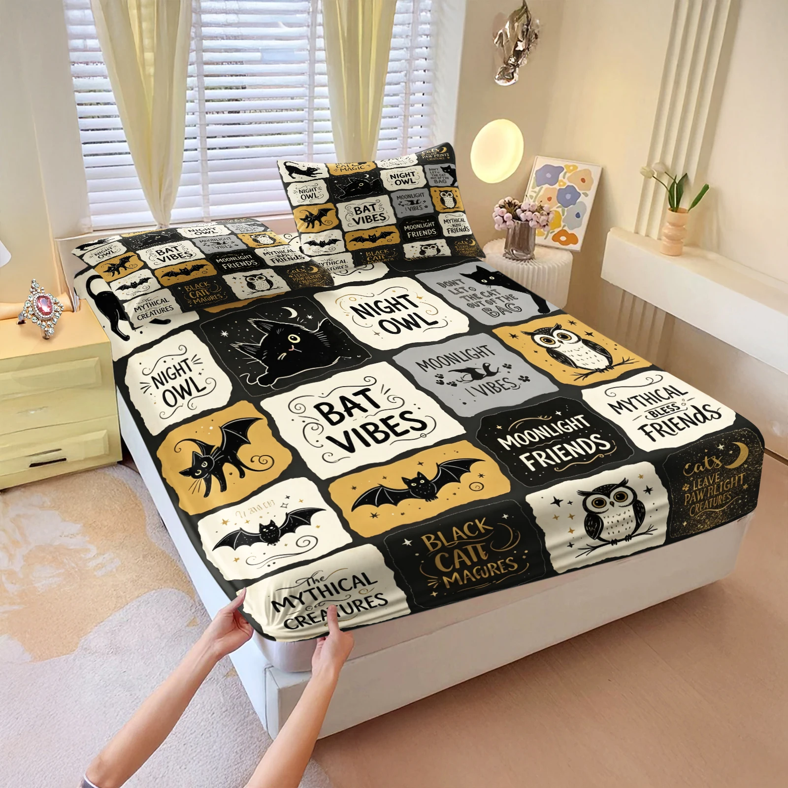 Halloween Patchwork Fitted Sheet Set Black Cat Bat Owl Mythical Creatures Print Bedding Set 360° Elastic Deep Pocket Bed Cover