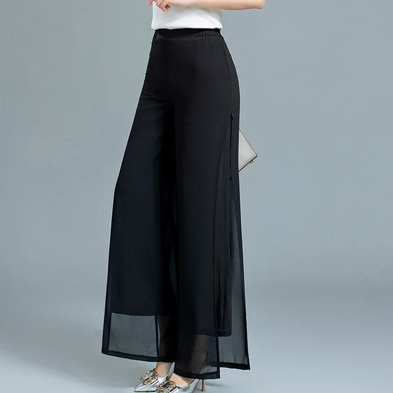 

Women's Clothing Elegant Split Double Layer Chiffon Wide Leg Pants Summer Fashion Solid Loose High Waist Ladies Trouseres L55