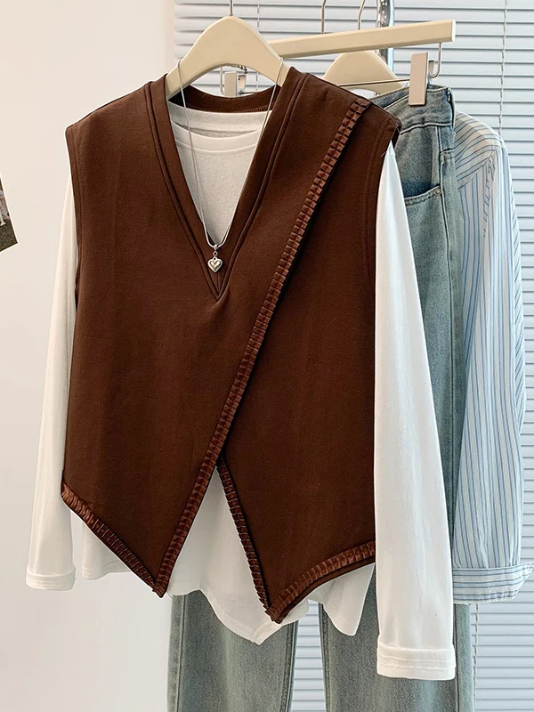 

Осень-зима, большие размеры, повседневный свободный универсальный комплект из двух предметов для похудения, жилет, футболка, ансамбль, модный дизайн Agel