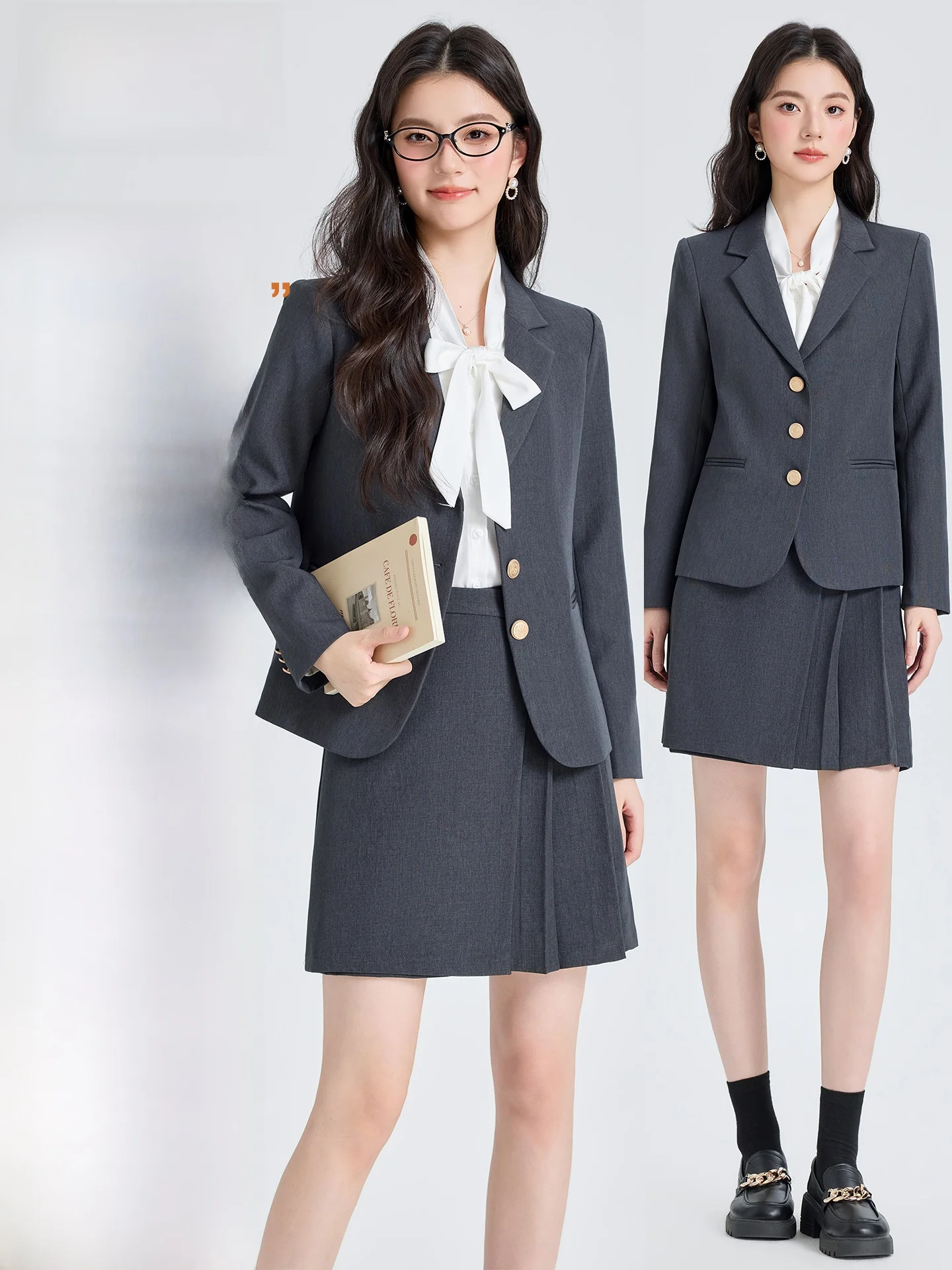 

Костюм-двойка женский: топ на пуговицах и юбка, для офиса, собеседований, деловых встреч, маленький размер, для повседневной носки, модный, из полиэстера