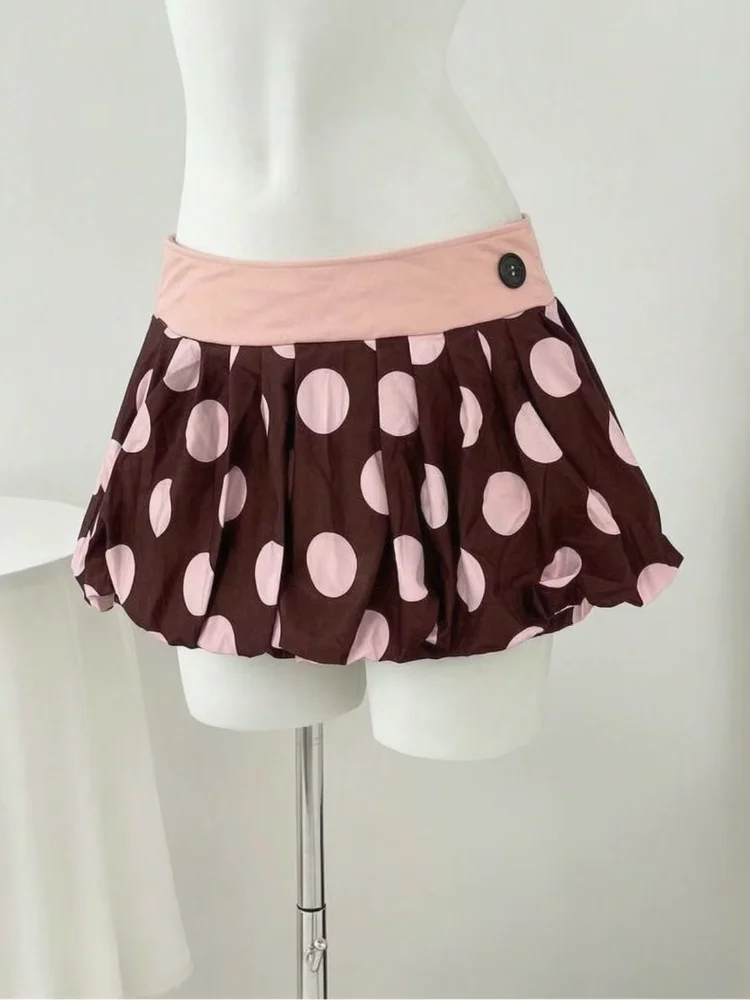 Women Classic Punk Vintage Dots Bubble Skirt Fashion Aesthetics Contrast Wide Waistband Button Decor Puffy Hem A-line Mini Skirt