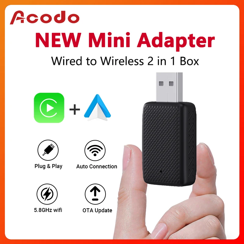 

Acodo NEW Mini wired to wireless CarPlay/Android Auto 2in1 adapter is suitable for 99% of original cars with wired carplay/auto