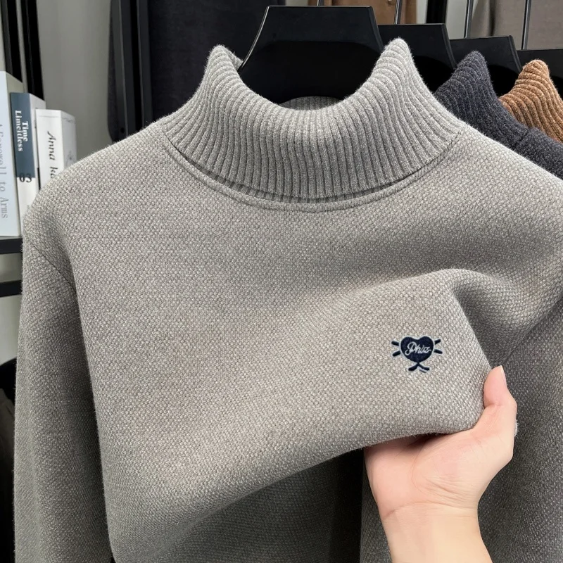 

Luxury brand men high neck sweater fashion plush warmth autumn winter new heart-shaped embroidery high-quality knitted pullover