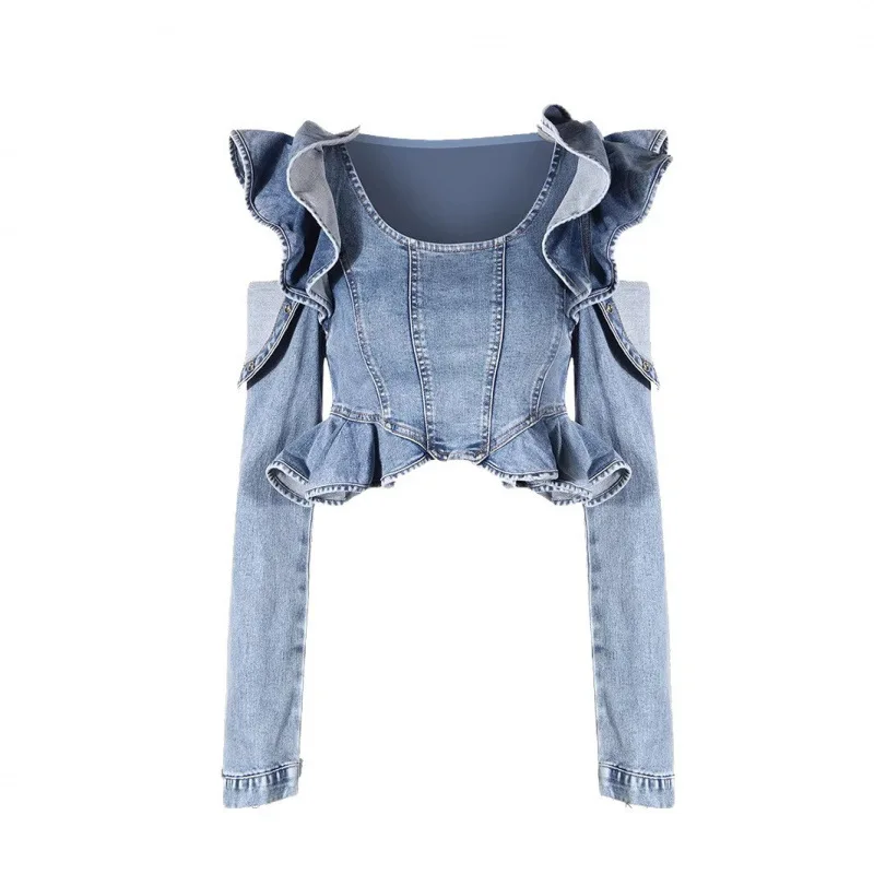 Women’s Denim Top Off Shoulder Ruffles Jean Jacket Long Sleeve Top Solid Tees Slit Slim Stretch Denim Top Streetwear 2026 Spring