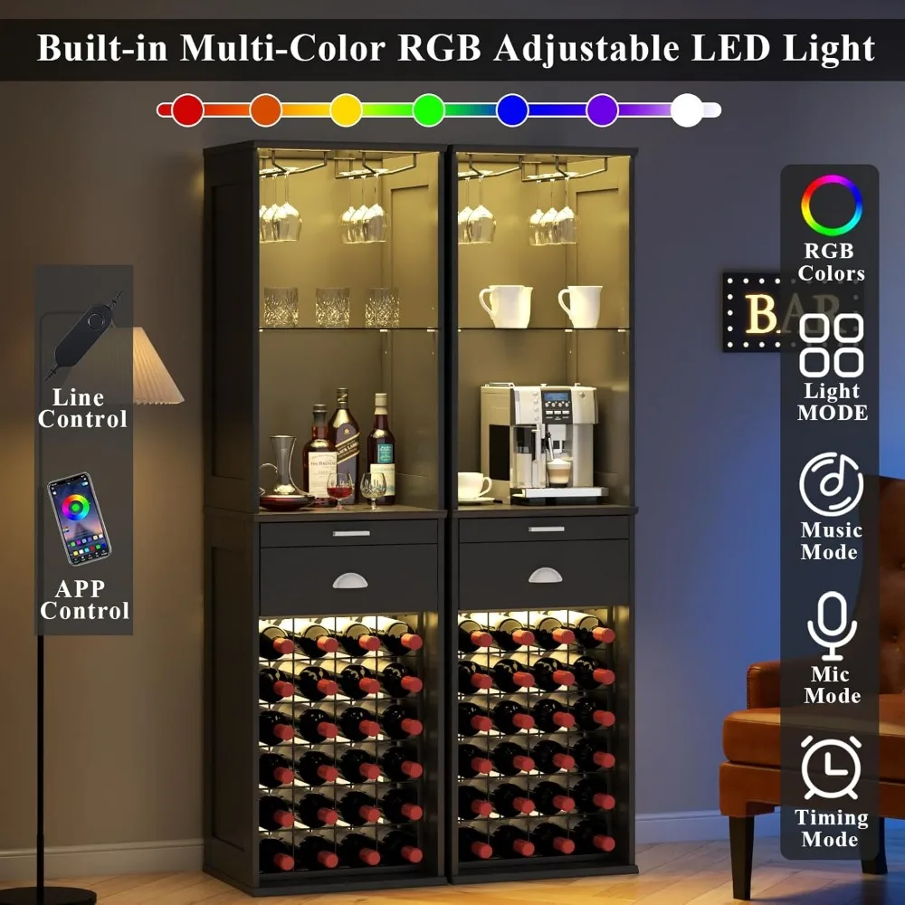 Wine Bar Cabinet with LED Lights, 65'' Tall Coffee Bar Cabinet with 24 Wine Rack & Glass Holder,Kitchen Storage Cabinet