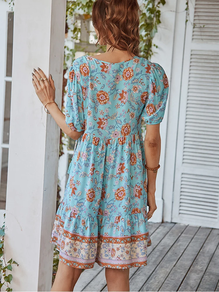 Floral Puff Sleeve Summer Dress Women Casual Loose Ruffle Boho Holiday Beach Sundress Green Vintage Elegant Lace-up Mini Dresses