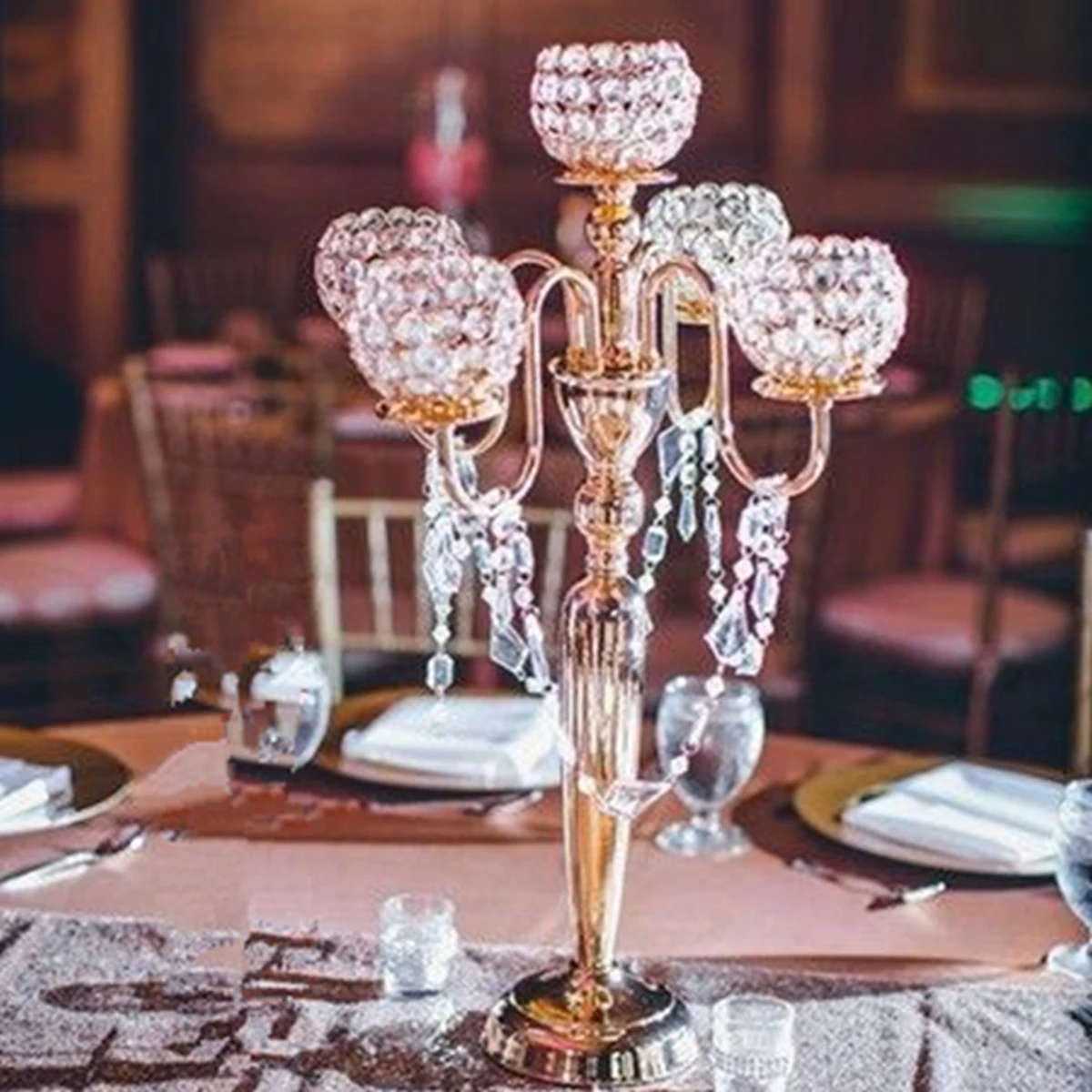 

10pcs)gorgeous 5 arms gold metal crystal candelabra wedding centerpieces gold crystal candle holders centerpiece 446