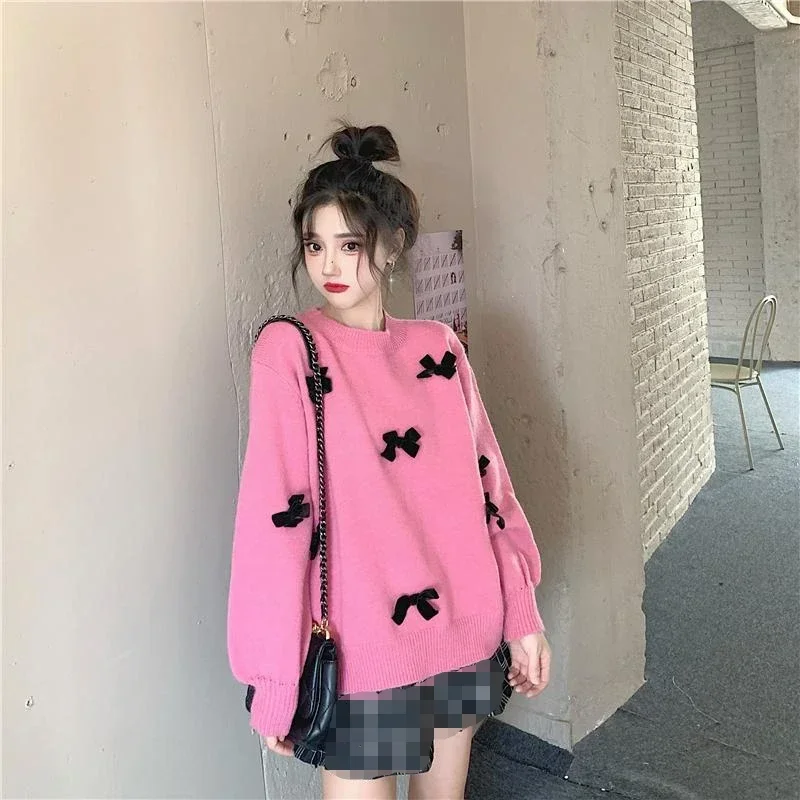 Ezgaga Sweet Sweater Pullover Women Autumn Winter Loose Bow Outwear Knitted Tops O Neck Warm Female Jumper Casual Fashion