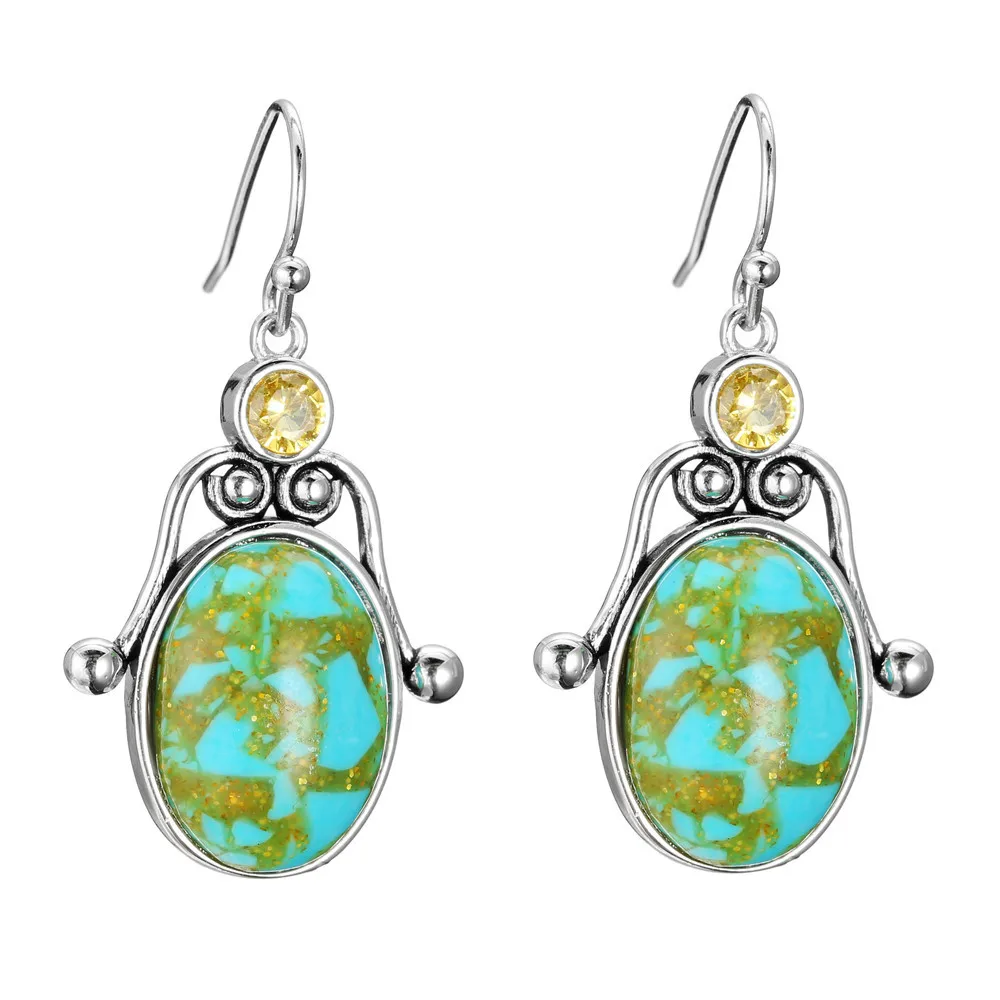 S925 sterling silver stud earrings new inlaid lemon yellow diamond earrings exaggerated oval turquoise ear hook earrings