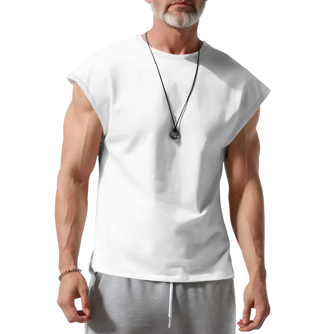 Mens Summer New Sleeveless T-shirt Youth Casual Loose Solid Color Thin Kam Shoulder T-shirt for Men