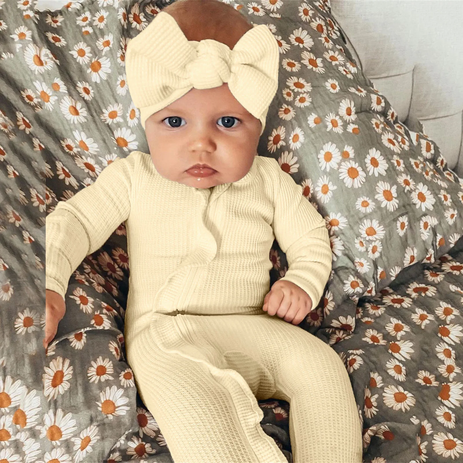 3 6 12 24 Months Baby Rompers Girls Solid Zipper Ribbed Footed Jumpsuit+Headband Sets Infant Outfits Spring Autumn Clothing Sets