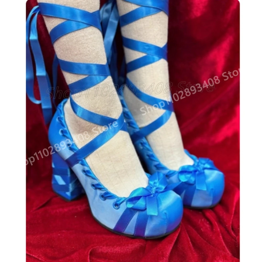 

Deep Blue Silk Front Butterfly Knot Decor Pumps Ballet Style Strappy Chunky High Heel Sexy Women Shoes 2025 Zapatos Para Mujere