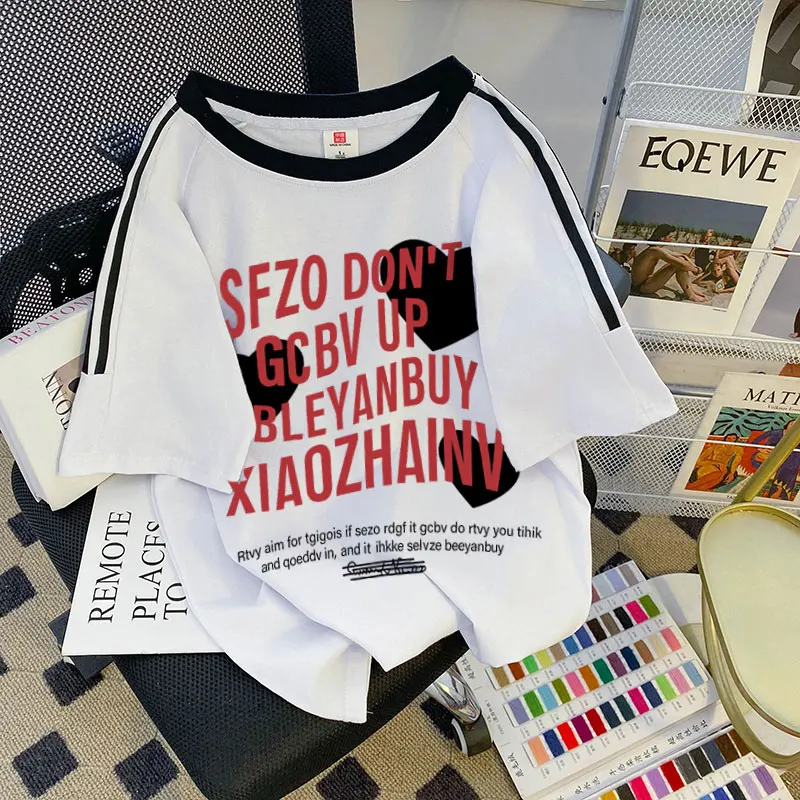 2024 Summer New Trendy Brand Design Sense Love Letter Print Three-pole Short Sleeve T-shirt Cotton Versatile Top