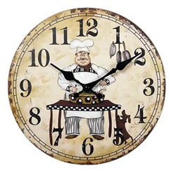 Retro Chef and Dog Wooden Wall Clock Living Room Bedroom Kitchen Home Decoration Wall Clock Silent Quartz Clock Holiday Gift 10 Inch 12 Inch 14 Inch 16inch (No Battery)