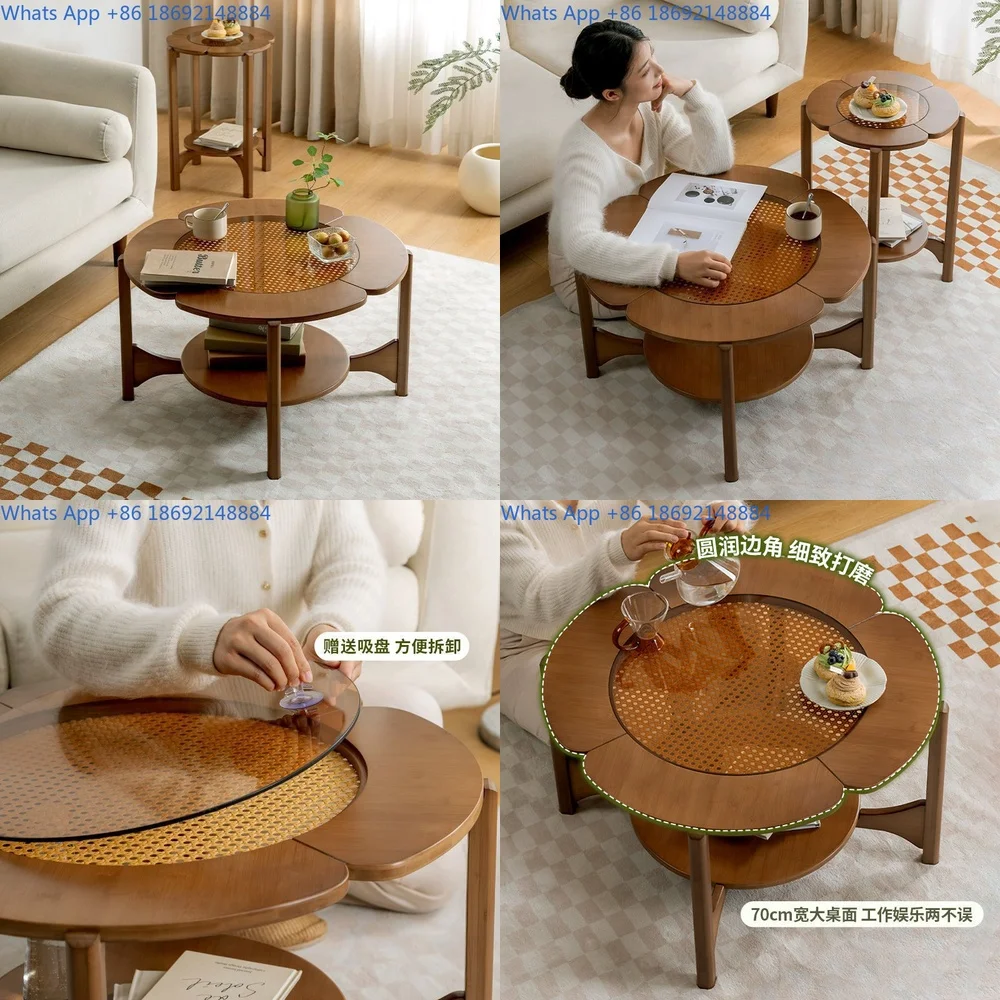 Coffee Table for Home Creative Clover Design Tempered Glass Round Combo Living Room Side Table for Small Spaces