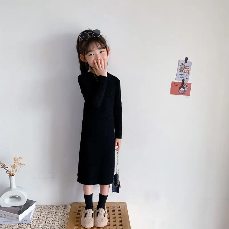 

Girls' 2025 AW Maillard-Inspired Korean-Style Bodycon Midi Base Knit Dress - School-Friendly Student Dress for 4-12Y