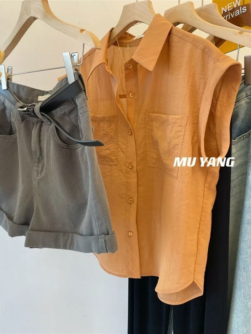 XEJ Chic Woman Blouse for Woman Korean Slightly Transparent Sleeveless Shirt Chiffon Orange Top Summer Women\'s Shirts 2024