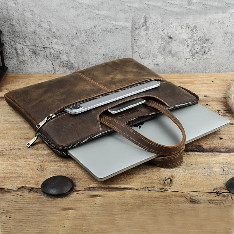 Genuine Leather Laptop Bag for MacBook 15 Inch Zippered Handmade Briefcase