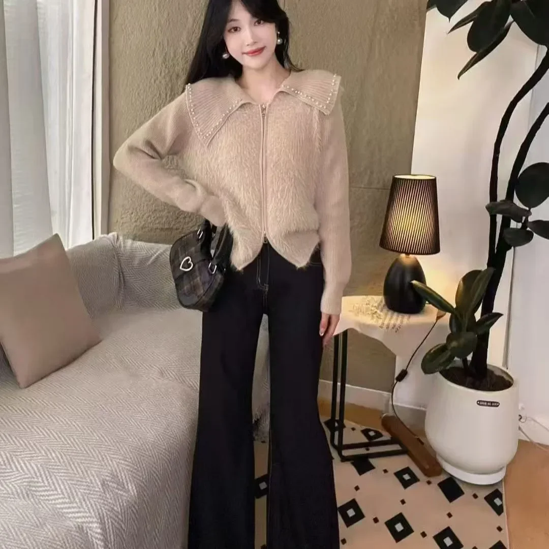 

Women Clothing Autumn Winter Fashion Simplicity Zipper Knitting Solid Color Female Temperament Appear Thin Slim Sweater Cardigan