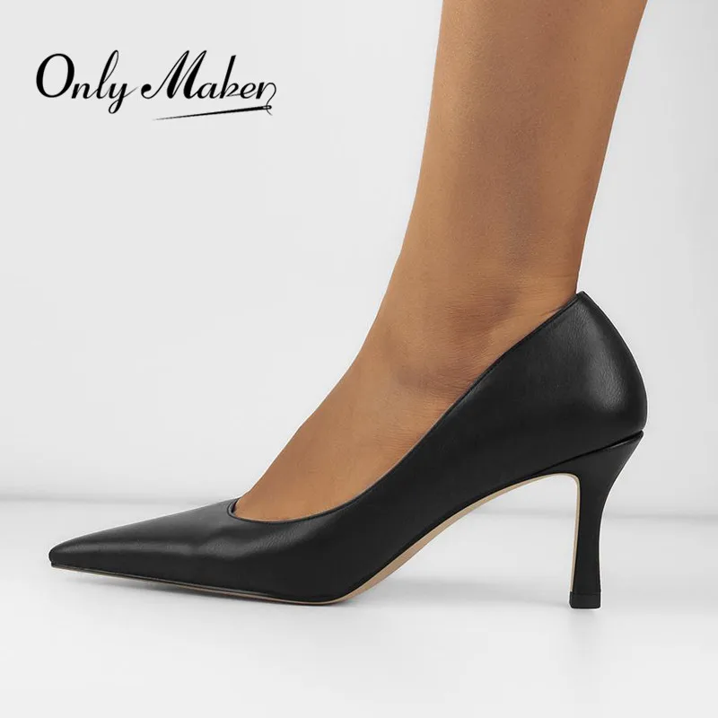 Onlymaker Women Pointed Toe Office Lady Slip on Thin High Heels Black Matte PU Pumps Elegant Concise Party Dress Pumps