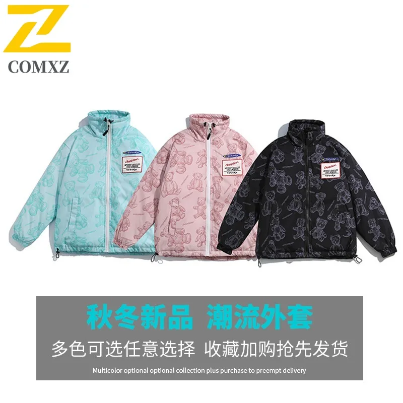 COMXZ Men Puffer Jacket Fashion Bear Printing Ski Street Windproof Warm Travel Cotton-Padded Jacket Casual Snow Bread Jackets