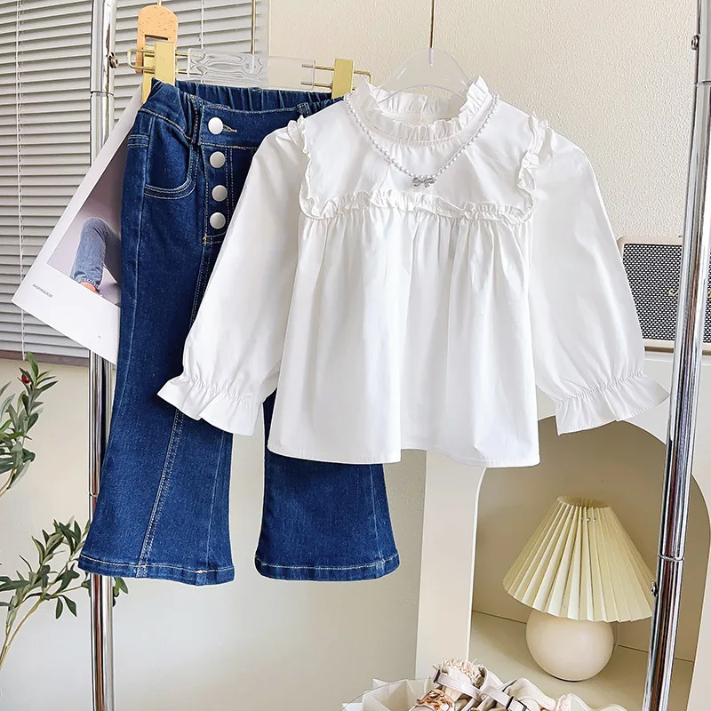 

Larua Kors 2023 Clothing Set Girls Long Sleeve O Neck Ruffles White Denim Pants Cute 2 Pcs Sets Casual Girls Clothes Sets 4-7T