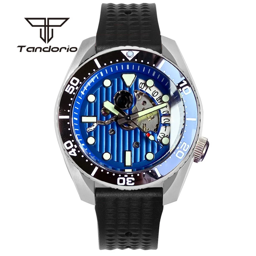 Tandorio NH35A Hollow Dial Date SBDX001 42.5mm 200m Dive Automatic Watch for Men Brushed Case 3.8 Crown Sapphire Glass Luminous