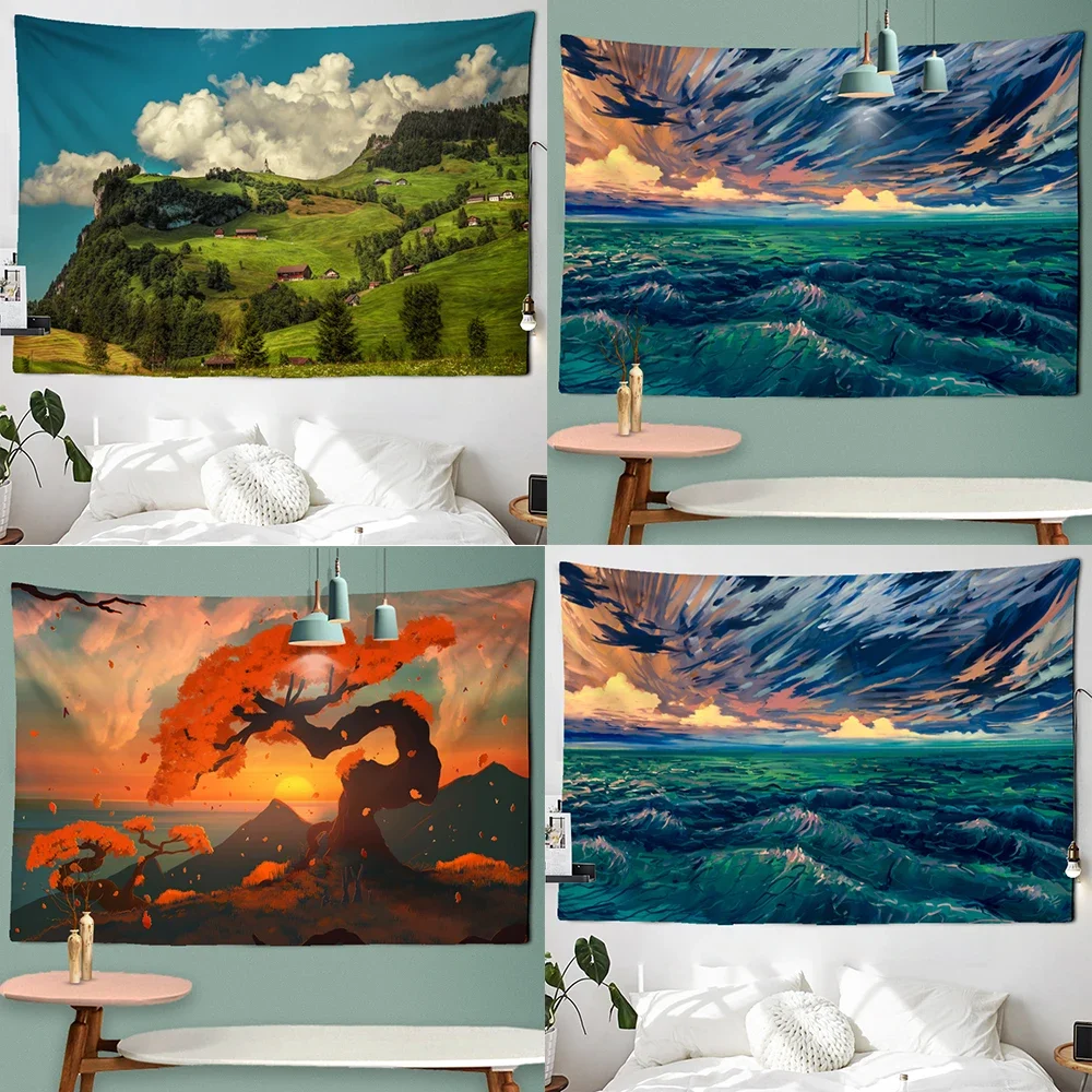 Art Mystical Kawaii Room Decoration Tapestry Animated Illustration Landscape  Wall Hanging