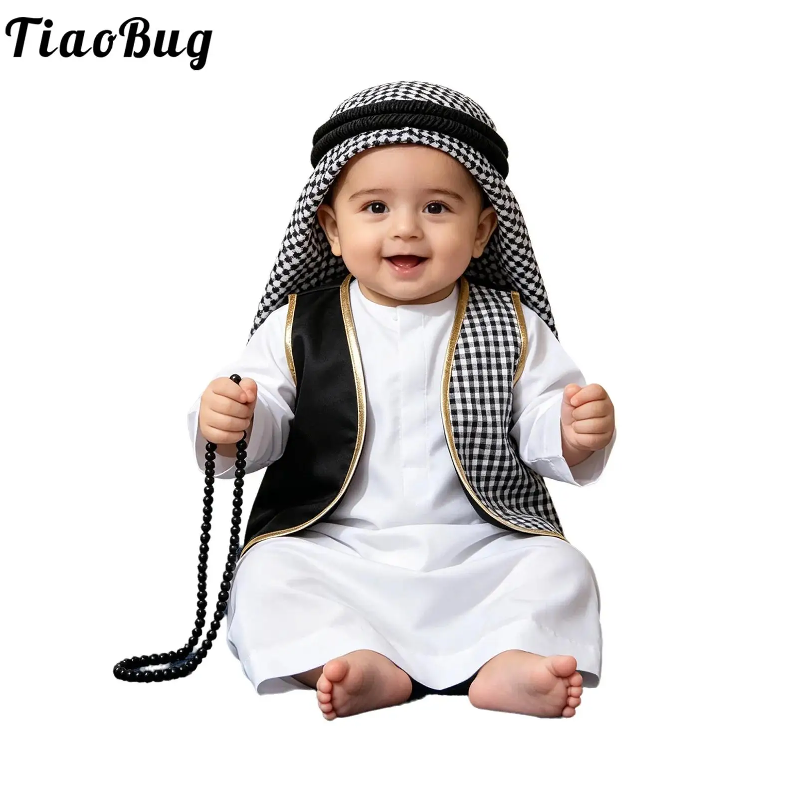Toddler Baby Boys Muslim Eid Costume Abaya Vest Open Front Metallic Trim Plaid Waistcoat Arabic Dubai Islamic Ramadan Kaftan