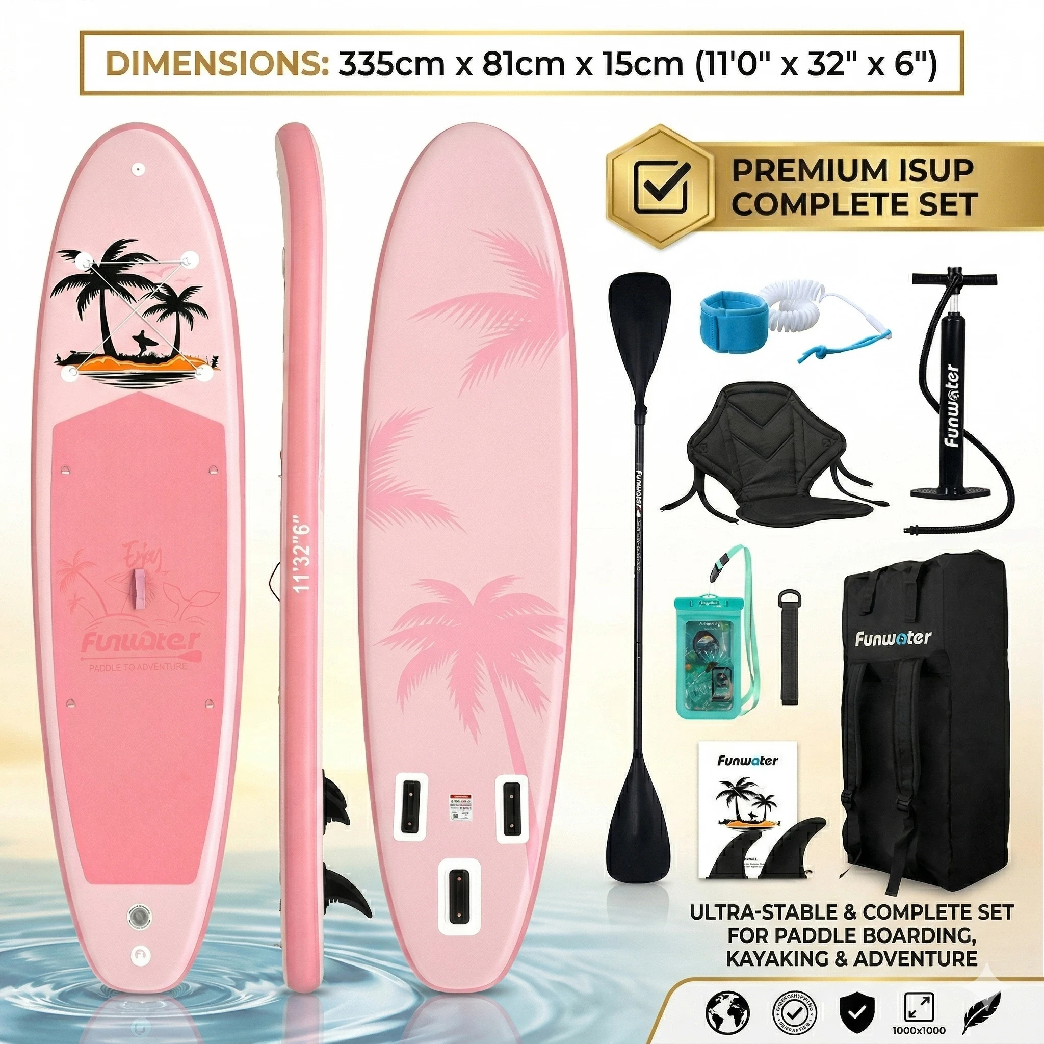 Funwater 11ft 32" Pinkes Palm-Design Aufblasbares Stand-Up-Paddle-Board Kajaksitz Wasserdichte Handytasche ISUP Komplettset SUP für Erwachsene – Detail 2
