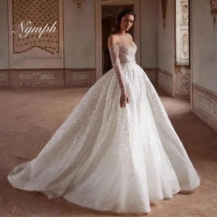 

Ball Gown Wedding Dress Long Sleeve Beading Chapel Train Princess Bride Customized Vestido De Novia