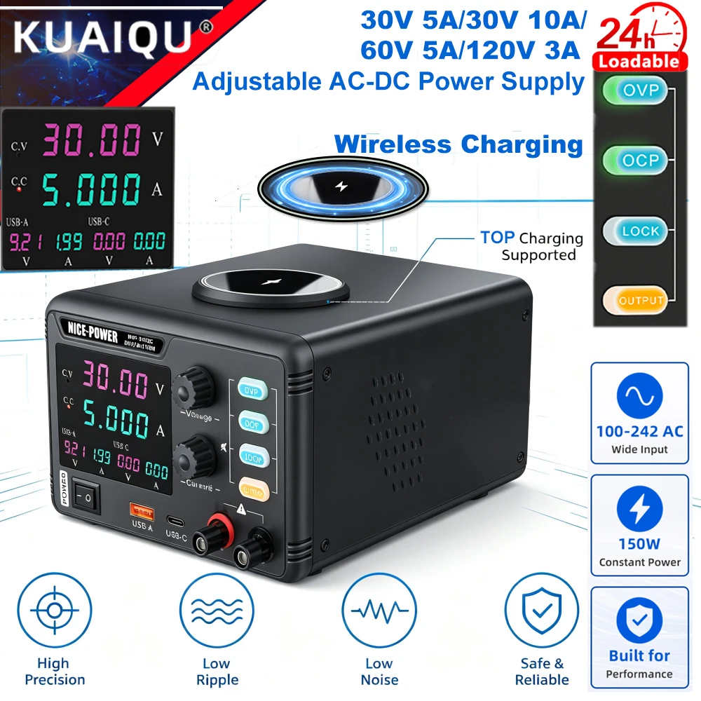 NICE‑POWER Adjustable DC Power Supply 30V 5A 10A Lab Bench Power Source With Wireless Charging USB‑A USB‑C OVP OCP 100-242V AC