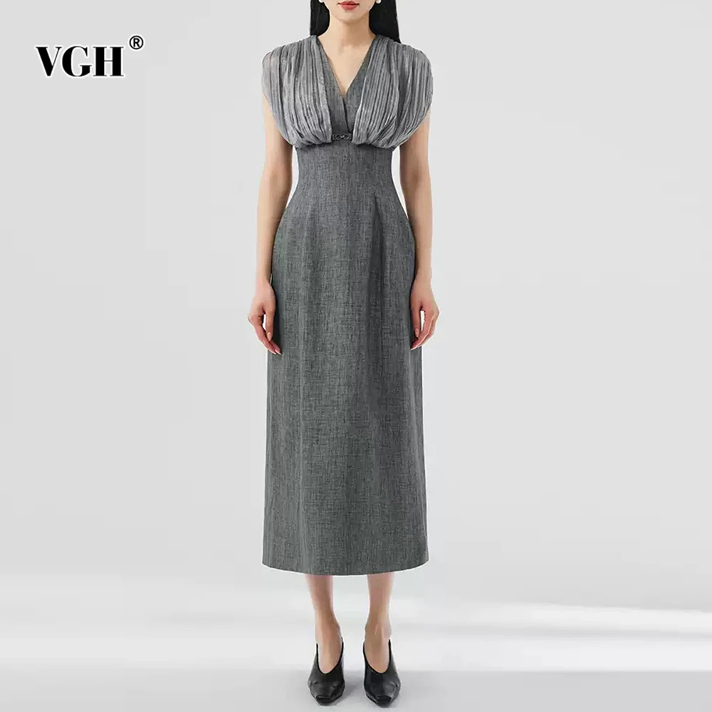 

VGH Designer Slimming Spliced Folds Long Dresses For Women V Neck Sleeveless High Waist Temperament Dress Female Fashion Style
