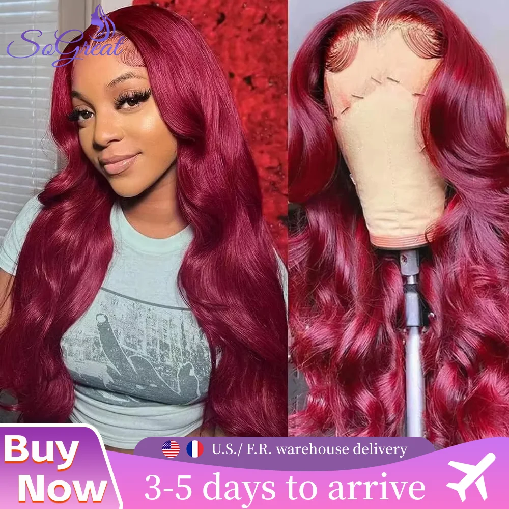 

SoGreat 200% Плотность Объемная волна 13x6 Кружева Фронтальная часть Предварительно выщипанные человеческие волосы 99j Бордовый парик из натуральных волос на кружеве Бразильские волосы