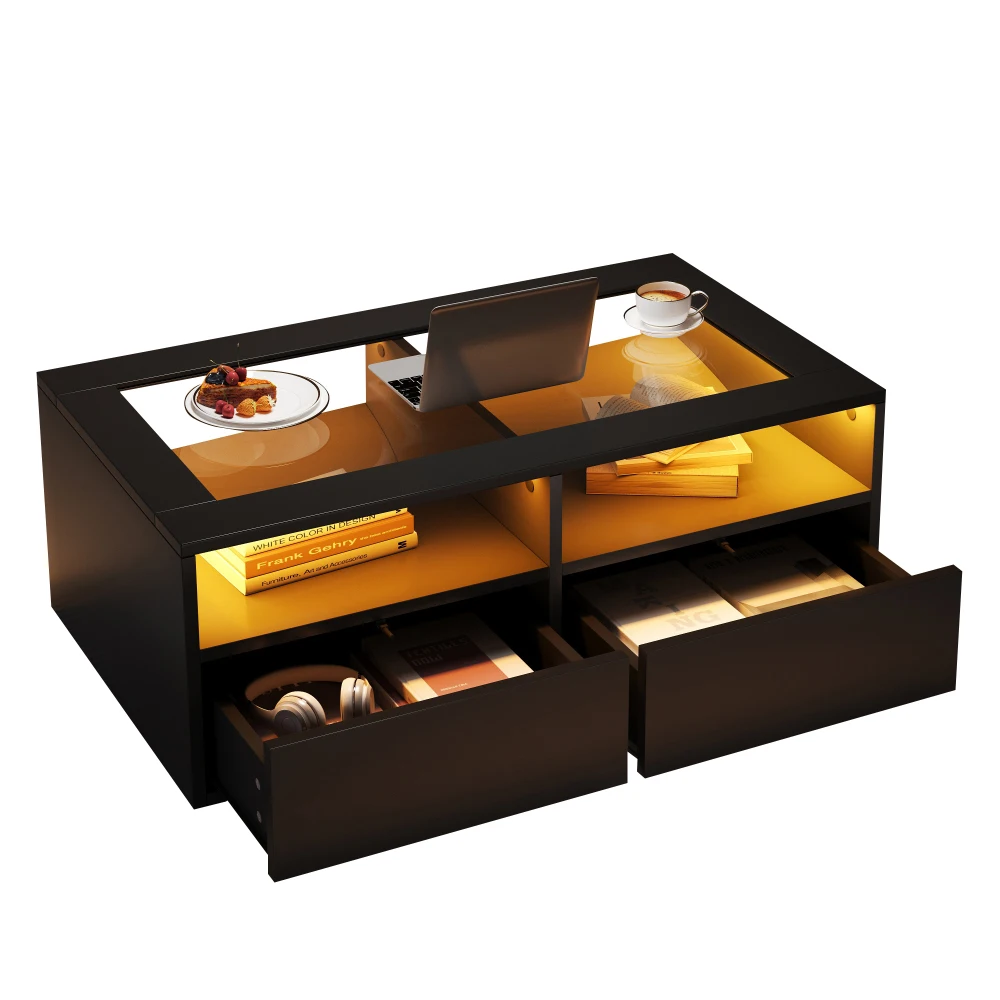 Moderne LED salontafel met 2 laden, blad van gehard glas, dubbele laag open opbergruimte, voor binnen, woonkamer, theetafel, voor thuisgebruik